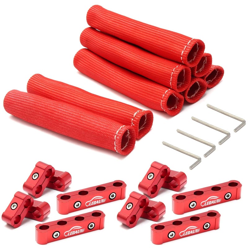 LEDAUT Red 8Cyl Spark Plug Heat Shield Protector and 12pc Engine Separator Insulating Fire Sleeve Wire Protector with Divider Suit for 8mm 9mm 10mm - Image 3